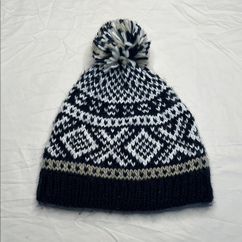 Urban Pipeline Navy and White Knit Beanie with Pom Pom on top. One size fits all